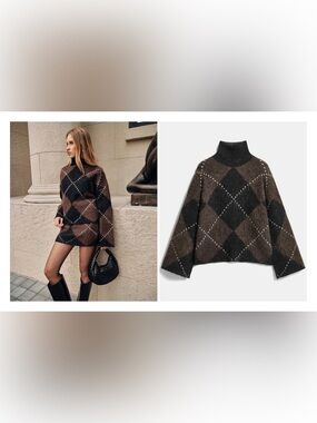 Commense Brown and Black Argyle Turtleneck Sweater